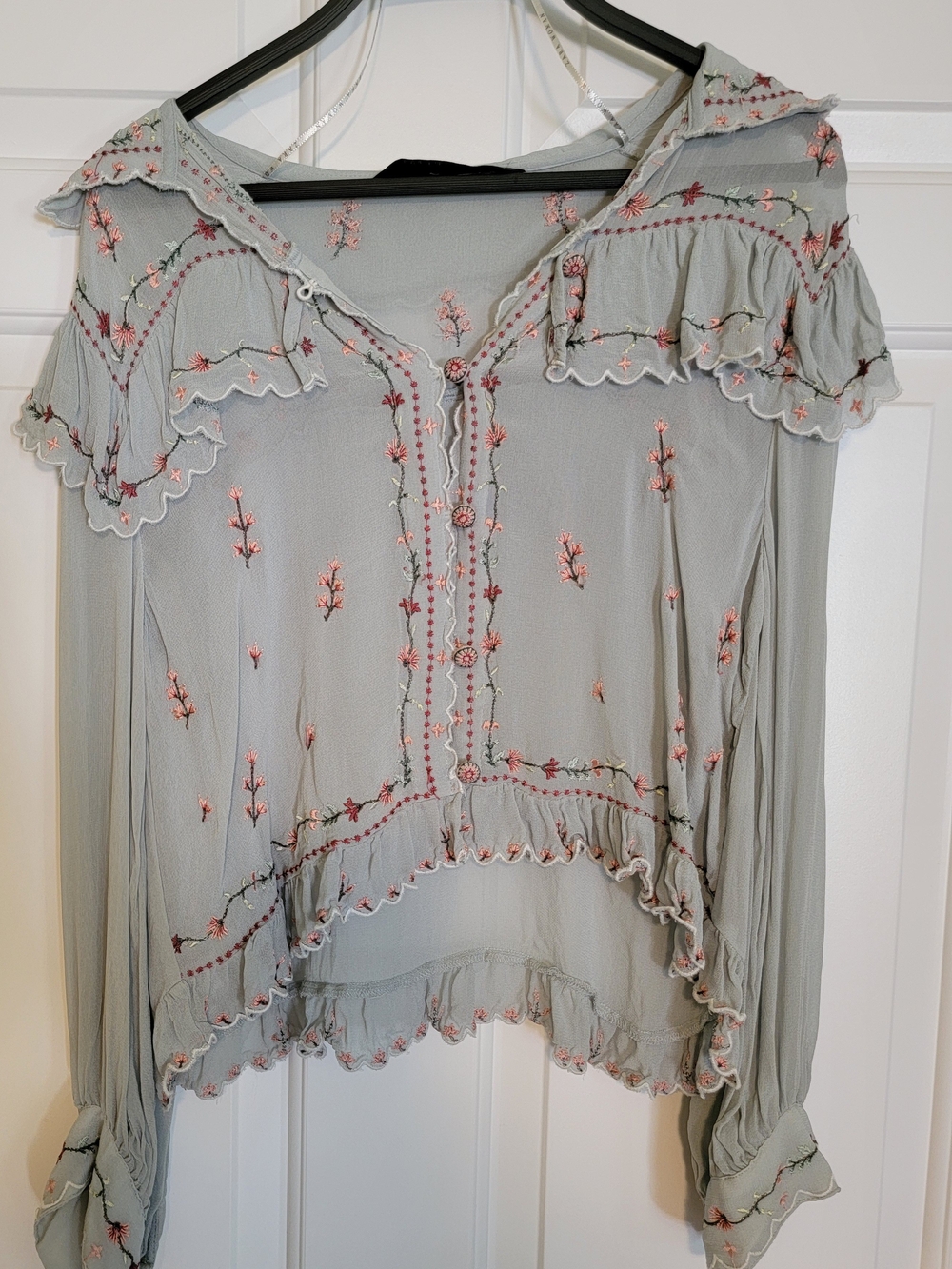 Zara Sage Green Embroidered Ruffle Blouse